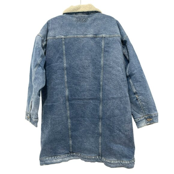 LNDN Oversized XXS Long Denim Faux Sherpa Lined Denim Jacket NWT - Picture 4 of 7